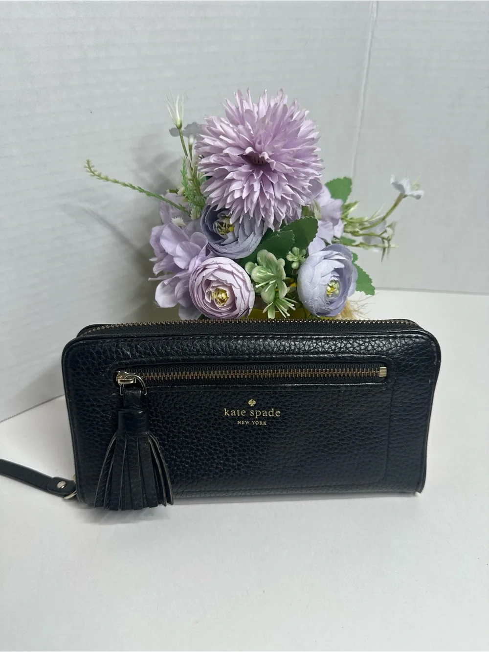 kate spade Black Pebbled Leather Zip Wristlet Wallet with Tassel